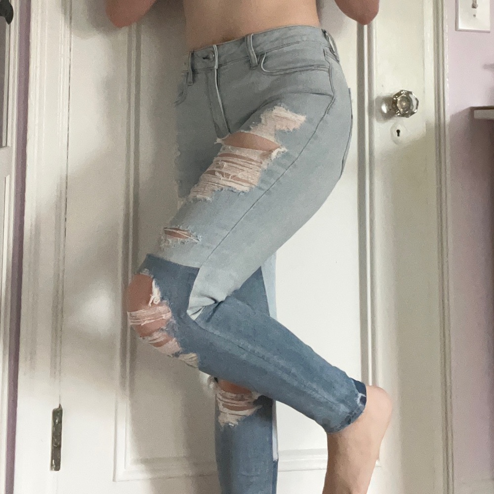 Cool Super Distressed Patchwork Two-Tone Skinny J… - image 3